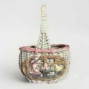 VTG Hand Painted Tyrolia Woven Basket Royal Cathay Ceramic Girl W Duck Cottage